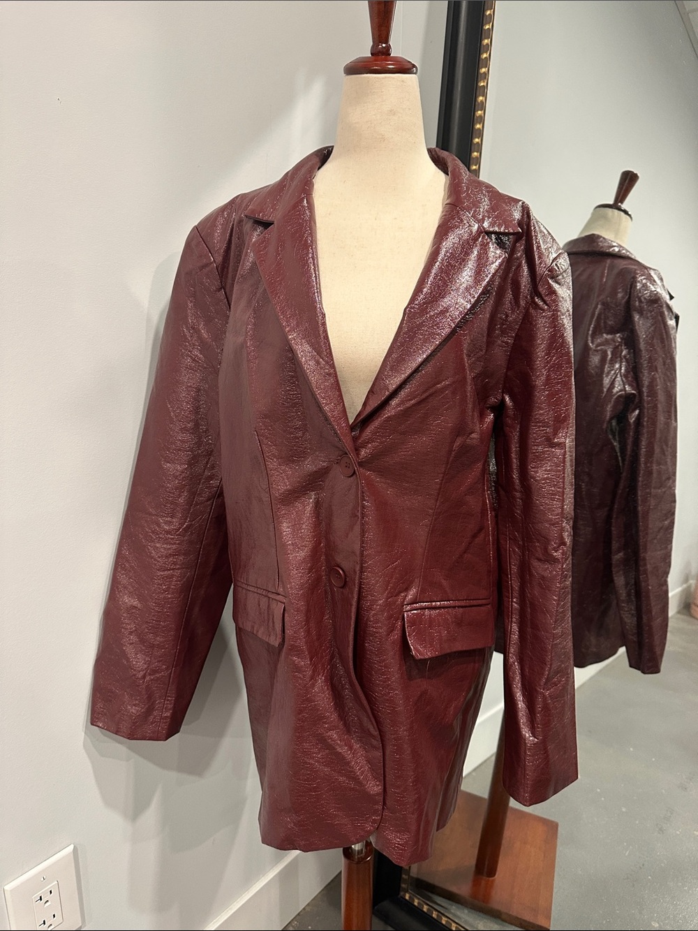 Forever 21 Burgundy faux Leather-Effect Long Blazer